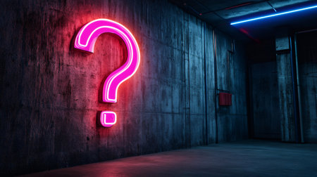 Pink neon question mark lighting up a dark concrete interior with blue neon lights and industrial pipesの素材