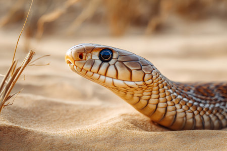 Close up of cape cobra snake slithering through desert sandの素材