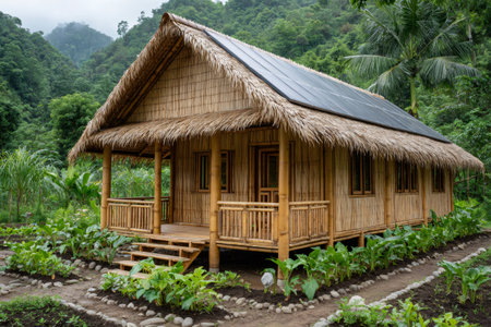 Traditional bamboo house with solar panel providing sustainable energy in a tropical rainforest settingの素材