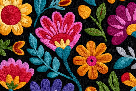 Vibrant floral embroidery creating a cheerful and textured designの素材
