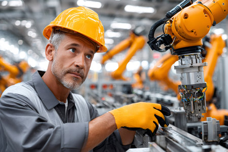 Industrial engineer wearing protective gear operating a robotic arm in a smart factoryの素材