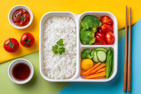 Lunch box containing rice, broccoli, cherry tomatoes, carrots, cucumber and soy sauce on a colorful backgroundの素材
