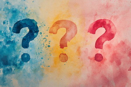 Colorful question marks painted on a watercolor background represent uncertainty and asking questionsの素材