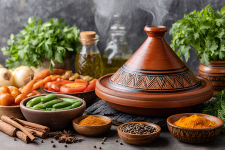Traditional Moroccan tajine tagine with various vegetables, spices, and herbs, embodying the essence of Moroccan cuisineの素材