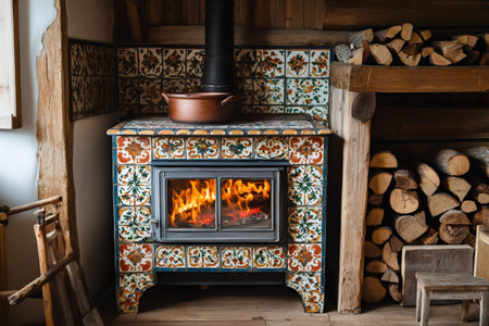 Firewood burning in tiled fireplace inside a cozy mountain chalet with copper pot on topの素材