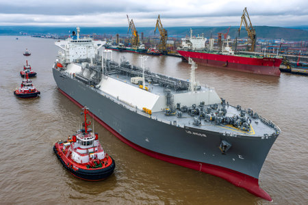 Lng tanker being maneuvered by tugboats in an industrial harbor, demonstrating maritime logistics and transport of liquefied natural gasの素材