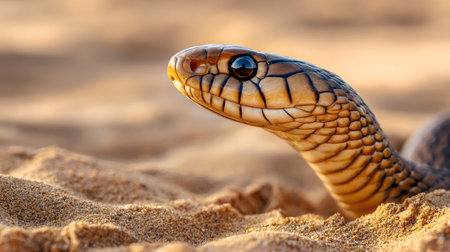 Close up of cape cobra emerging from sand dune in golden light, showcasing its distinctive scales and watchful eyeの素材