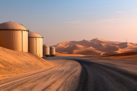 Industrial oil tanks stand against a backdrop of rolling sand dunes in the desert landscape of the United Arab Emirates, illuminated by the warm glow of the setting sunの素材