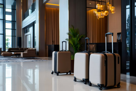 Suitcases standing in an elegant hotel lobby, ready for guests' arrival, promising a comfortable and luxurious stayの素材