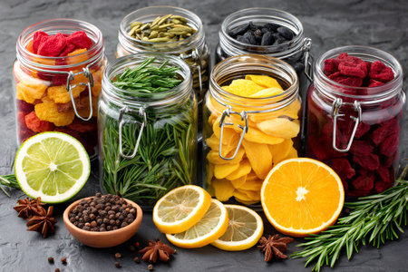 Jars containing various dried fruits, rosemary, pumpkin seeds, and spices, showcasing methods of food preservationの素材