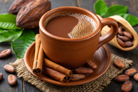 Steaming cup of hot chocolate sits on a rustic wooden table, accompanied by cinnamon sticks and cocoa beans, creating a cozy and inviting sceneの素材