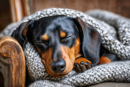Small dachshund puppy sleeping peacefully wrapped in a warm cozy blanket on a vintage chair, enjoying a comfortable restの素材