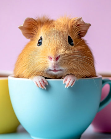 Adorable guinea pig relaxing inside a light blue teacup, creating a charming and whimsical sceneの素材