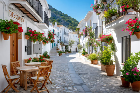 Charming narrow street with colorful flower pots adorning whitewashed houses in a traditional Andalusian village, creating an idyllic summer sceneの素材