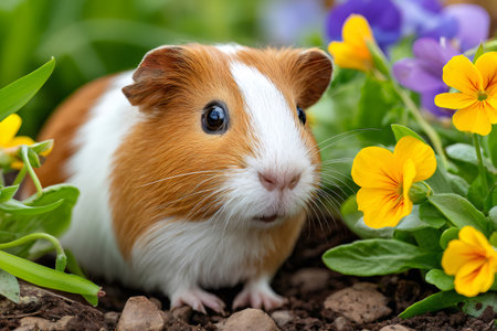 Adorable guinea pig surrounded by vibrant blossoms in a sunny garden, enjoying the beauty of natureの素材