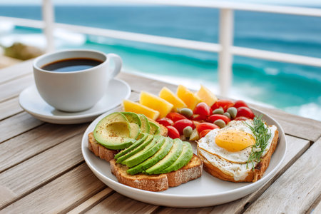 Healthy breakfast with avocado toast, fried egg, vegetables and coffee is served on a wooden table with a turquoise sea viewの素材
