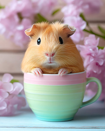 Adorable guinea pig relaxing in a colorful cup surrounded by pink flowers, creating a charming and heartwarming sceneの素材