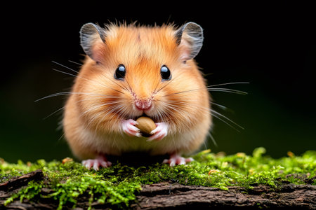 Cute hamster eating seed on mossy surfaceの素材
