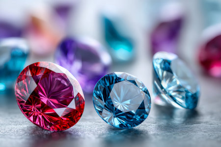 Colorful diamonds sparkling on a gray surface, creating a luxurious and glamorous imageの素材