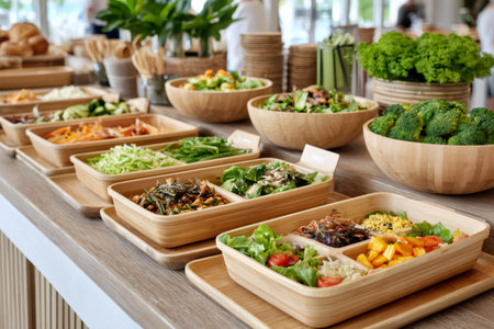 Variety of fresh salads displayed on a buffet table in sustainable wooden bowls, promoting healthy eating and eco consciousnessの素材