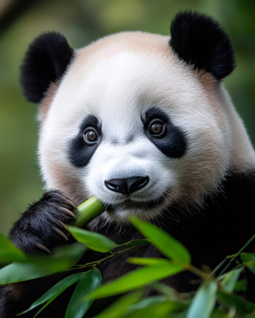 Adorable panda cub peacefully enjoying a meal of fresh bamboo in a vibrant green forest settingの素材