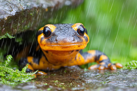 Close up of a vibrant fire salamander seeking shelter from the rain under a rock, showcasing its striking colors and intricate patternsの素材