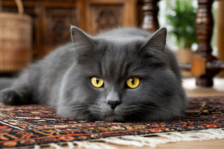Gray british longhair cat lying on a carpet in an antique interior, looking intenselyの素材