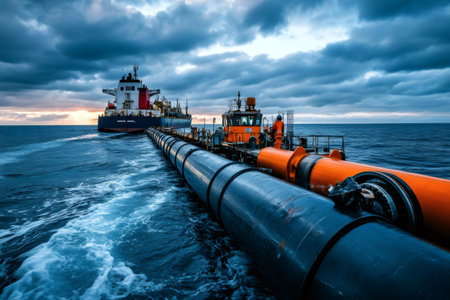 Engineers working on connecting a floating pipeline to a cargo ship at dusk, for oil or gas transferの素材
