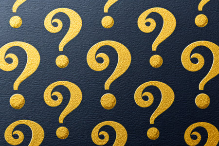 Golden question marks creating a seamless pattern on a textured dark blue background, symbolizing mystery, inquiry, and the search for answersの素材