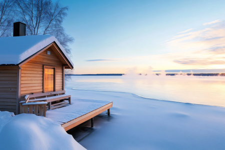 Cozy sauna cabin radiating warmth on a snow covered lakeshore during a breathtaking winter sunset, creating a tranquil and inviting atmosphereの素材