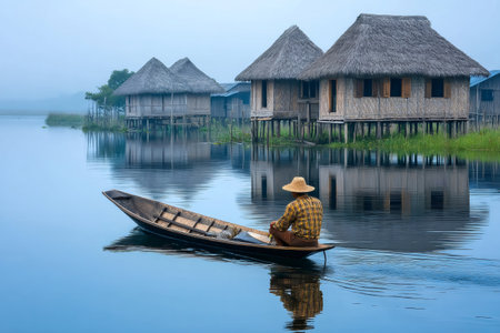 Local fisherman rowing on calm lake with traditional stilt houses reflecting in the waterの素材