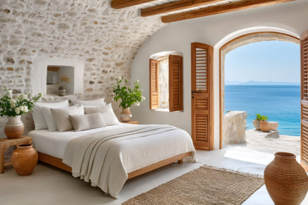 Comfortable bedroom with open shutters revealing a stunning ocean view, bathed in sunlightの素材