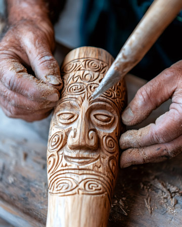 Close up of artisan's hands meticulously carving intricate details into a wooden tribal mask, showcasing traditional craftsmanshipの素材
