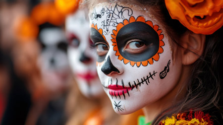 Close up of a young girl with vibrant calavera makeup, celebrating the day of the dead traditionの素材