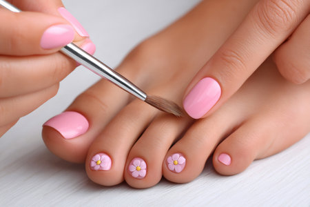 Close up of a beautician applying pink nail polish with flower decorations on toenails during a pedicure treatmentの素材