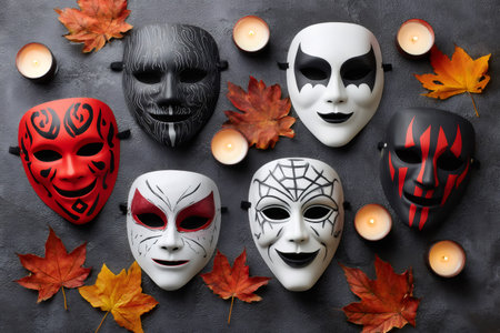 Spooky Halloween masks and lit candles create a festive scene on a gray surface adorned with vibrant autumn leavesの素材