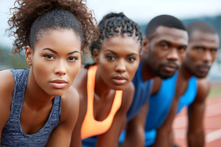 Determined athletes preparing for a sprint race on an outdoor trackの素材