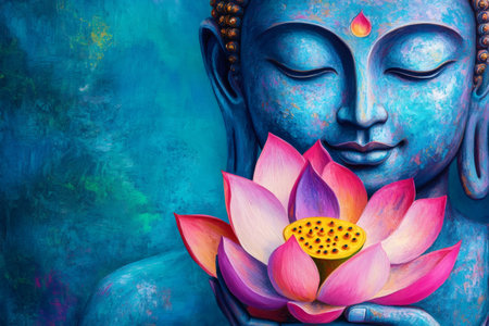 Serene blue Buddha holding a vibrant pink lotus flower, symbolizing purity and enlightenmentの素材