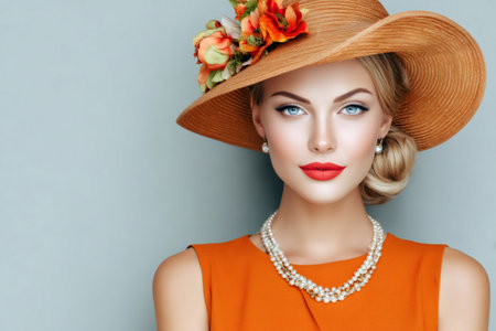 Studio portrait of beautiful blonde woman with pearl necklace, orange dress and straw hat with flowersの素材