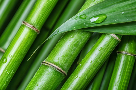 Close up of vibrant green bamboo stalks and a leaf with glistening water drops, forming a serene and natural backdropの素材
