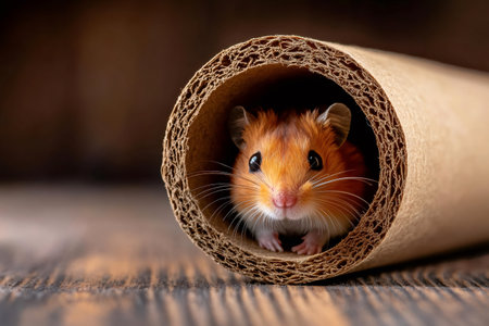 Adorable hamster peeking out of cardboard tube, showcasing playful curiosityの素材