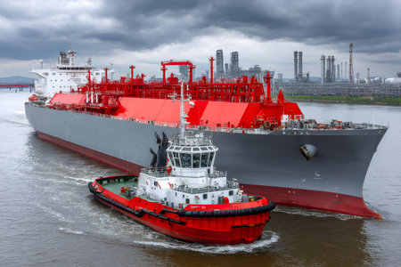 Red tugboat escorting large lng tanker near refinery under dramatic stormy skyの素材