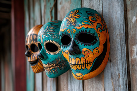 Vibrant catrina masks, adorned with intricate floral patterns, hang against a weathered wooden backdrop, evoking the spirit of dia de los muertosの素材