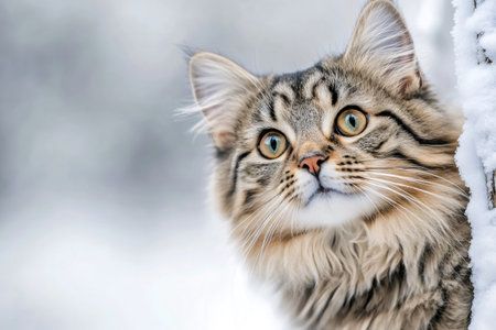 Fluffy cat enjoying a snowy outdoor adventure, its captivating gaze filled with wonderの素材