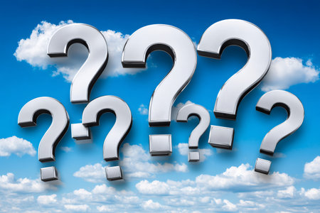 Chrome question marks floating in a cloudy blue sky symbolizing uncertainty, faq, and seeking answersの素材
