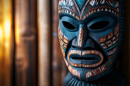Close up of a colorful tiki mask, showcasing Polynesian craftsmanship and cultural heritage against a blurred bamboo backdropの素材