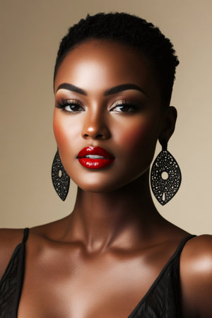 Studio portrait of a young woman showcasing flawless makeup, including vibrant red lipstick and elegant earringsの素材