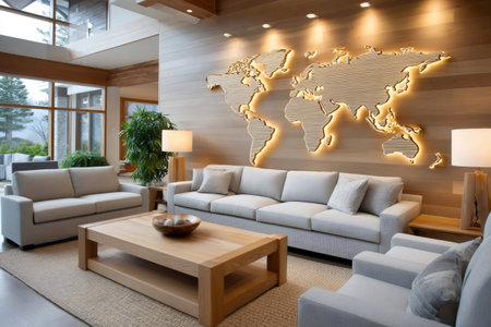 Comfortable sofas and armchairs arranged around a wooden coffee table in a contemporary living room with an illuminated world mapの素材