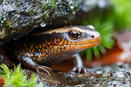 Close up of a lizard peeking out from its rocky shelter in a lush, rainy rainforest environmentの素材