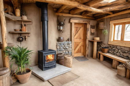 Cozy interior of a rustic earthen hut featuring a burning fireplace, wooden furniture, and handcrafted decorations, creating a warm and inviting atmosphereの素材